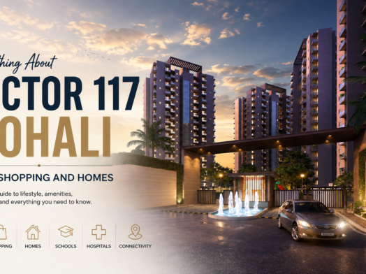 Sector 117 Mohali featuring residential homes, shopping areas, restaurants, parks and nearby landmarks in Mohali.
