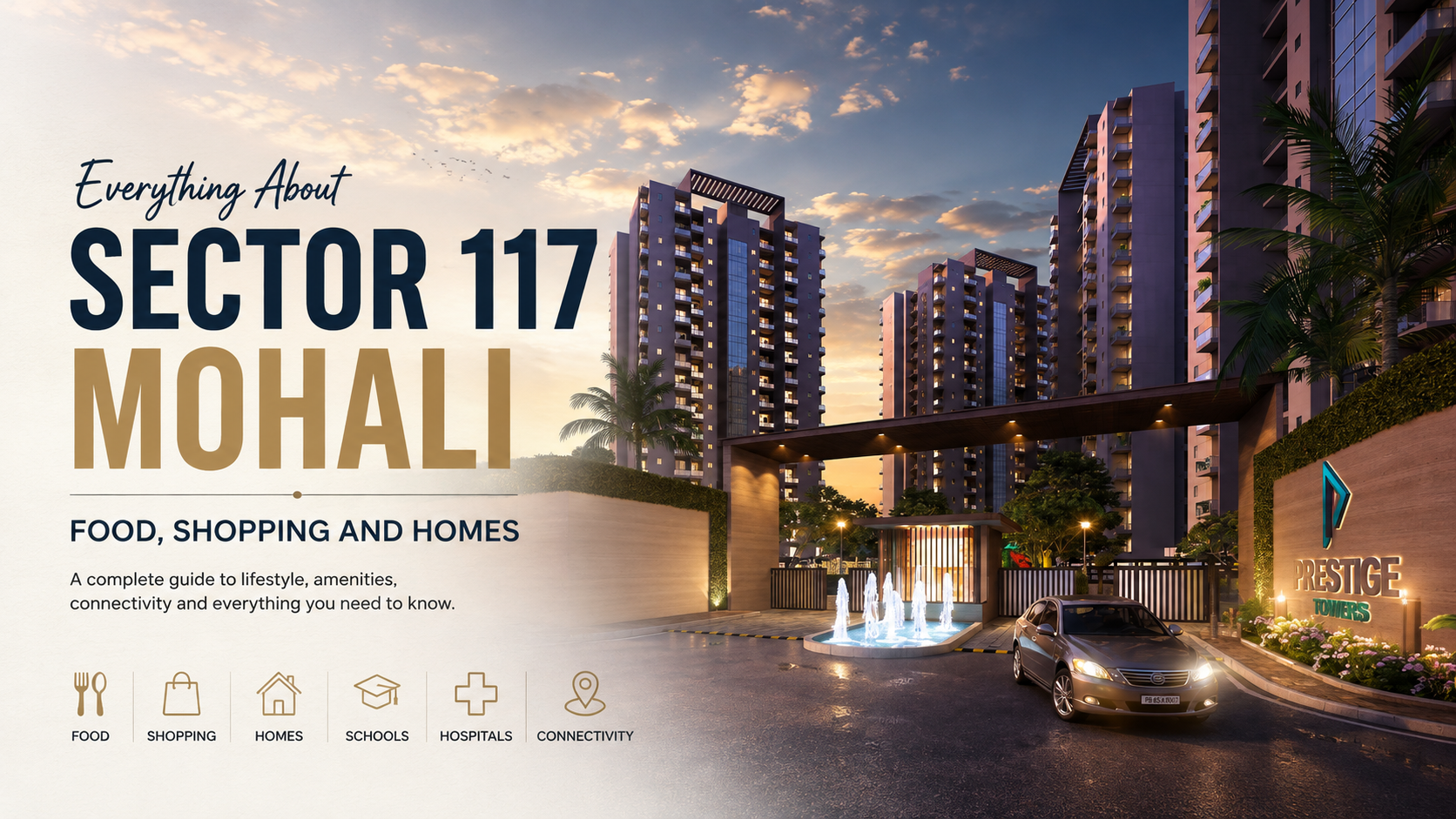 Sector 117 Mohali featuring residential homes, shopping areas, restaurants, parks and nearby landmarks in Mohali.