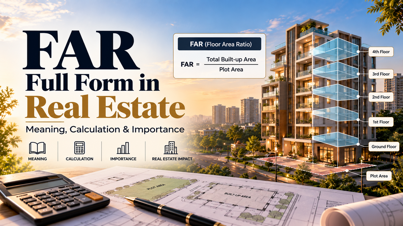 FAR full form in real estate showing floor area ratio calculation for a building