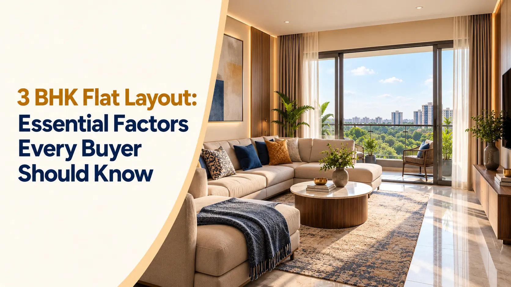 3 BHK flat layout with a bright living room, balcony, and natural light.