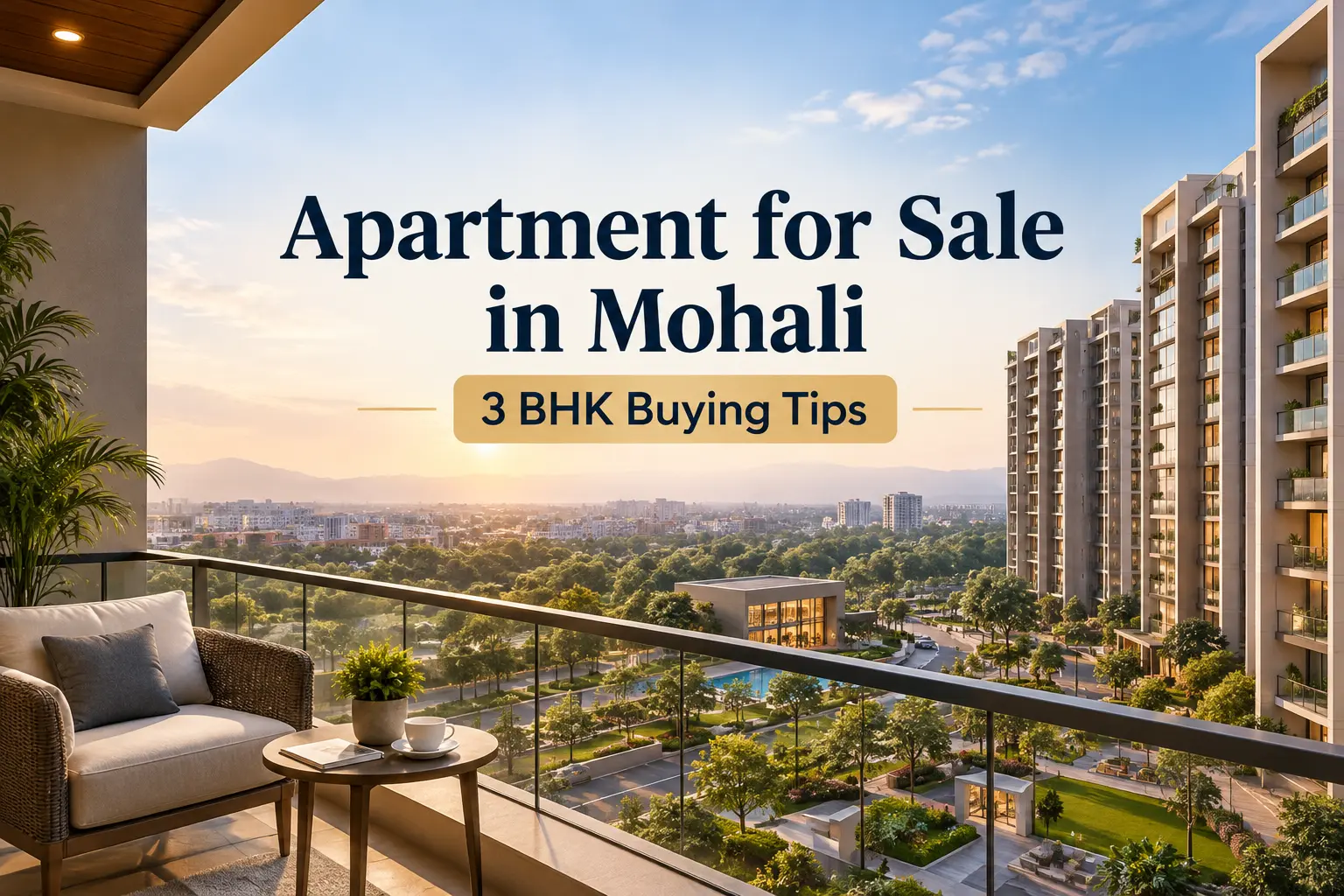 Apartment for sale in Mohali featuring modern residential towers, landscaped gardens and 3 BHK apartment living.
