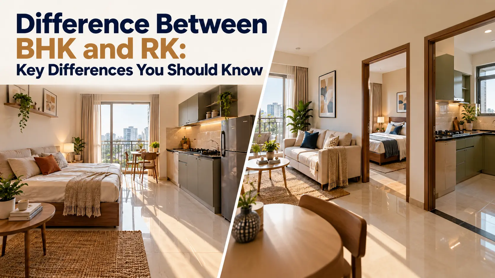 Difference between BHK and RK apartment layouts, comparing 1 RK and 1 BHK homes.